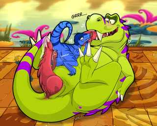 2_fingers 3_toes animal_genitalia belly big_penis blue_body blue_stripes bodily_fluids claws cloaca cloacal_penis cum darkened_genitalia detailed_background duo erection eye_contact fangs feet feral feral_on_feral fingers genital_fluids genitals green_body imminent_sex kissing larger_feral licking_tongue looking_at_another lying male male/male male_feral markings on_back on_top_of_another penis pink_penis pink_tongue purple_markings purple_spikes short_arms size_difference slightly_chubby smaller_feral spread_legs spreading striped_body stripes tail tailbutt teeth thick_tail toes tongue tongue_on_tongue tongue_out tongue_play derekdragon electronic_arts plants_vs._zombies popcap_games raptor_(plants_vs._zombies) t-rex_(plants_vs._zombies) dinosaur dromaeosaurid prehistoric_species reptile saurischian scalie theropod tyrannosaurid tyrannosauroid tyrannosaurus tyrannosaurus_rex 5:4 absurd_res hi_res
