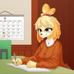 accessory anthro blonde_hair book calendar cardigan clothed clothing desk female fur furniture hair hair_accessory hair_tie november_(month) sitting solo table yellow_body yellow_eyes yellow_fur fluffy_hinu animal_crossing nintendo isabelle_(animal_crossing) canid canine canis domestic_dog mammal shih_tzu toy_dog 1:1 hi_res