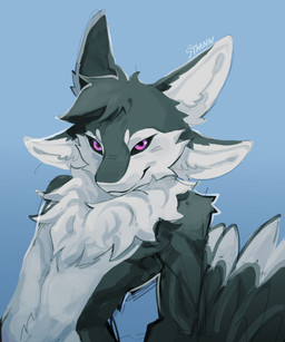 4_ears anthro black_body black_feathers black_fur black_sclera blue_background chest_tuft countershading feathered_wings feathers fluffy front_view fur hair looking_at_viewer male multi_ear narrowed_eyes nude purple_eyes simple_background smile smug solo text tuft tufted_fur white_body white_feathers white_fur winged_arms wings stmnn fyr_(fenrir784) avali avian bird 2025 absurd_res bust_portrait colored digital_drawing_(artwork) digital_media_(artwork) english_text hi_res portrait shaded signature simple_shading