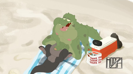 4_fingers 4_toes abs alcohol anthro balls beach beer belly beverage biceps big_balls big_belly claws cooler duo eyes_closed facesitting feet fingers flailing foreskin fur genitals green_body grey_body grey_fur high-angle_view larger_male looking_pleasured male male/male masturbation muscular muscular_male navel nipple_fetish nipple_pinch nipple_play nipples non-mammal_nipples open_mouth orange_penis paws pecs penis pinch pink_nipples sex sex_on_the_beach sitting_on_another size_difference small_bottom_large_top smothering tail toe_claws toes tongue tongue_out towel wiggle koozapalooza chorizo's_boyfriend chorizo_(dangpa) alligator alligatorid crocodilian mammal mustelid otter reptile scalie 2025 animated digital_media_(artwork) hi_res no_sound signature webm