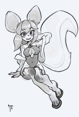 anthro black_nose clothing double_bun female footwear hair hair_bun legwear logo machine open_mouth open_smile sandals shoes sitting smile solo stockings swimwear tail kennymlgb25 krita_(copyright) kiki_the_cyber_squirrel android mammal robot rodent sciurid tree_squirrel 2025 absurd_res greyscale hi_res monochrome