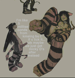 anthro balls bite collar collar_only facial_piercing feet foot_focus genitals hair hair_over_eyes holding_leg holding_own_leg humanoid_genitalia humanoid_penis male markings multi_nipple nipple_covers nipples nose_piercing nude penis piercing pubes septum_piercing solo standing striped_legs striped_markings striped_tail stripes tail tail_between_legs tail_markings text tongue tongue_bite tongue_out mourph bren_(mourph) american_opossum mammal marsupial dithering