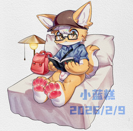 4_fingers 4_toes anthro backpack balls bed black_eyewear black_glasses black_nose blue_clothing blue_shirt blue_topwear blush book bottomless bottomless_anthro bottomless_male brown_clothing brown_hat brown_headwear cheek_tuft claws clothed clothed_anthro clothed_male clothing collared_shirt eyewear facial_tuft feet finger_claws fingers flaccid foreskin fur furgonomic_hat furgonomic_headwear furgonomics furniture furniture_lamp genitals glasses glistening glistening_eyes glistening_genitalia glistening_penis hair hat headgear headwear hindpaw holding_book holding_object inner_ear_fluff male male_anthro mouth_closed multicolored_body multicolored_fur multicolored_tail on_bed pawpads paws penis pillow pink_backpack pink_pawpads pointy_ears prick_ears reading reading_book rectangular_glasses shirt solo tail toe_claws toes topwear tuft two_tone_body two_tone_fur unretracted_foreskin wearing_glasses white_balls white_body white_fur white_hair white_inner_ear_fluff white_penis white_tail yellow_body yellow_eyes yellow_fur yellow_tail young young_anthro young_male xiao_langao canid canine mammal 2026 absurd_res dated digital_media_(artwork) hi_res