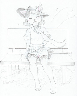 anthro bench biped blush bottomwear bow_(feature) clitoris closed_smile clothed clothing dessert eating eyebrows eyes_closed feet female food front_view furgonomic_headwear furgonomics genitals hair hat headgear headwear holding_food holding_ice_cream holding_ice_cream_cone holding_object ice_cream ice_cream_cone inner_ear_fluff leg_bow legwear mouth_closed no_underwear on_bench pantyhose partially_clothed paws shirt short_hair sitting sitting_on_bench skirt smile solo stockings sun_hat thigh_highs toes tongue topwear tuft upskirt vulva wardrobe_malfunction wind young young_anthro young_female malachyte meiling_(ajdurai) domestic_cat felid feline felis mammal 2018 absurd_res black_and_white hi_res monochrome sketch traditional_media_(artwork)