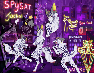 cyberpunk male solo synthwave text conditional_dnp luckfoxo33 canid canine canis equid equine jackal mammal zebra english_text hi_res model_sheet