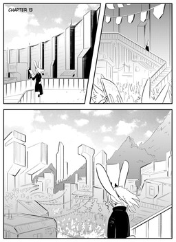 ambiguous_gender anthro city city_background cityscape clothed clothing crowd female group horn mask mountain outside simple_background text kifyun2 beau_(undying_void) lagomorph leporid mammal rabbit absurd_res black_and_white comic hi_res monochrome