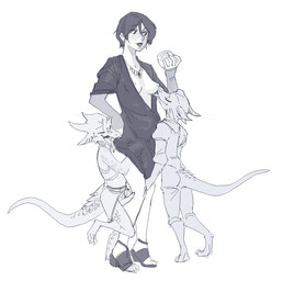 anthro black_hair breast_lick breast_play breasts erection female genitals group hair hand_under_clothing horn licking male male/female nipples partially_clothed_anthro partially_clothed_female penis simple_background size_difference smaller_male tail tongue tongue_out trio white_background tealtentacles_(artist) human kobold mammal scalie 2025 monochrome
