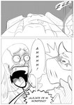 anthro bald bed clothing duo female footwear furniture gloves handwear high_heels hospital_bed hospitalized male male/female mask medical_instrument open_mouth oxygen_mask scared scientific_instrument screaming shoes sleeping speech_bubble surgical_scar text waking_up starfish_nebula enel_shocked_face marcos_(starfish_nebula) onna_(starfish_nebula) bovid caprine human mammal sheep absurd_res hi_res