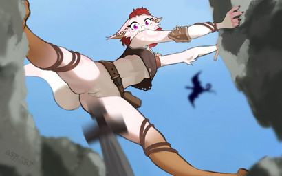 5_fingers anthro barefoot biped bottomless bottomless_anthro bottomless_female breasts claws clothed clothed_anthro clothed_female clothing ear_piercing feet female finger_claws fingers genitals hair looking_at_viewer low-angle_view medium_breasts melee_weapon navel non-mammal_breasts outside partially_clothed partially_clothed_anthro partially_clothed_female piercing purple_eyes red_hair sky solo sword tail toes under_boob vulva weapon askart tilieka scalie unknown_species 16:10 2025 digital_drawing_(artwork) digital_media_(artwork) hi_res widescreen