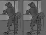 anthro ass_out balls bodily_fluids bottomwear bottomwear_down butt clothed clothing flip_flops footwear genitals male musk pants pants_down partially_clothed pole public sandals shoes smelly smile smirk solo sweat sweaty_clothing sepulte canid canine canis mammal wolf monochrome