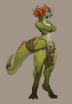 anthro apron apron_only blacksmith breasts clothing crossed_arms female genitals green_body hair leather leather_strap mostly_nude non-mammal_breasts nude orange_hair pussy red_hair simple_background solo straps tail taus mythology dragon mythological_creature mythological_scalie scalie