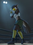 anthro bandage beak boots bottomwear clothing feathers female fighting_ring footwear logo shoes shorts solo sammfeatblueheart kaila_(napalm_ph0enix) avian bird 2023 absurd_res artist_logo hi_res shaded