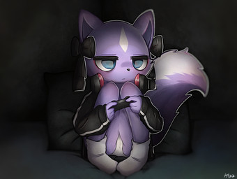 anthro bent_legs biped black_clothing black_jacket black_topwear blue_eyes bored bow_accessory bow_ribbon camel_toe clothed clothed_anthro clothed_female clothing controller dark_room detailed_background electronics facial_markings female female_anthro footwear front_view fur game_controller gaming genital_outline half-closed_eyes head_markings headphones headphones_around_neck holding_controller holding_object jacket knock-kneed markings narrowed_eyes panties pillow plantigrade playing_video_game purple_body purple_fur sitting socks solo tail topwear underwear vulva_outline white_clothing white_footwear white_markings white_panties white_socks white_underwear young young_anthro young_female kjh_22 aggretsuko sanrio shikabane_(aggretsuko) mammal mephitid skunk 2023 hi_res signature