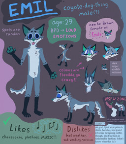animal_genitalia animal_penis animal_vulva anthro blue_body blue_eyes blue_fur blush canine_genitalia canine_penis canine_vulva female feral fur genitals male male_anthro open_mouth open_smile penis smile solo teal_nose text toony vulva demensa emil_(demensa) canid canine canis coyote domestic_dog mammal 2025 english_text hi_res model_sheet genderfluid_(lore)