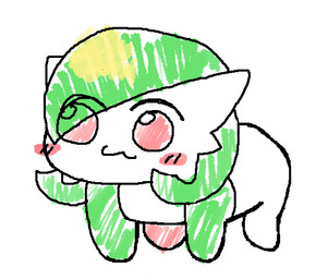 all_fours ambiguous_gender blush blush_stickers cat_smile chest_spike doro_(nikke) eye_through_hair green_body green_hair hair hair_over_eye red_eyes simple_background solo spikes spikes_(anatomy) translucent translucent_hair white_background white_body melfunnysmell doro_(meme) goddess_of_victory:_nikke nintendo pokemon gaba_(melfunnysmell) gardevoir generation_3_pokemon pokemon_(species) 2026 female_(lore)