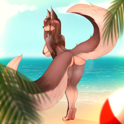 2_tails anthro ball beach beach_ball big_breasts big_butt bikini bikini_bottom bikini_thong bikini_top biped black_nose blush breast_squish breasts brown_body brown_fur brown_hair butt cheek_tuft claws clothing cloud cloudy_sky eyelashes eyelashes_through_hair eyeshadow facial_tuft female female_anthro fluffy fluffy_ears fluffy_tail fur galaxy_venus glistening glistening_hair glistening_lips hair hair_heart huge_breasts inflatable inner_ear_fluff light lips looking_at_viewer looking_back looking_back_at_viewer makeup markings multi_tail narrowed_eyes palm_leaves palm_tree palms pawpads paws plant rear_view red_bikini red_clothing red_swimwear sand sea sky skyscape slightly_chubby solo spine squish standing sun sunlight swimwear tail text thick_tail thick_thighs tired tired_eyes toe_claws translucent translucent_hair tree tuft two-piece_swimsuit water wide_hips yellow_eyes jaywaan canid canine fox fox_spirit mammal 1:1 2026 absurd_res artist_name digital_media_(artwork) hi_res signature