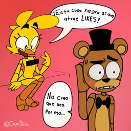 anthro brown_body censor_bar censored_genitalia censored_nipples clothing duo embarrassed female hat headgear headwear humor machine male nude text yellow_body owochica five_nights_at_freddy's scottgames chica_(fnaf) freddy_(fnaf) animatronic avian bear bird chicken galliform mammal phasianid robot robot_anthro censored spanish_text translated