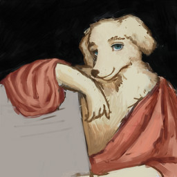 anthro blue_eyes clothing ears_down fur looking_at_viewer male pivoted_ears red_clothing red_robe robe smile smiling_at_viewer solo yellow_body yellow_fur reynard_goodfellow canid canine canis domestic_dog mammal 1:1