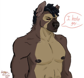 abs angry anthro areola biped black_sclera cross-popping_vein dialogue dreadlocks homophobia male male_anthro muscular muscular_anthro muscular_male nipples pecs red_eyes solo demon_furray hyena mammal comic hi_res