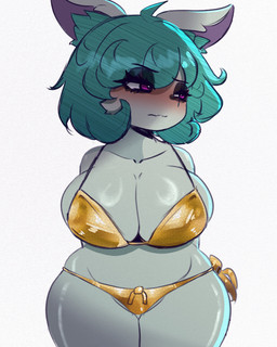 big_breasts bikini blush breasts cleavage clothed clothing female gold_bikini green_hair hair hands_behind_back huge_breasts looking_away not_furry simple_background solo swimwear two-piece_swimsuit white_background wide_hips kindrose golden_week league_of_legends riot_games tencent vex_(lol) humanoid yordle 4:5 absurd_res hi_res