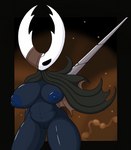 big_breasts black_body breasts cape cloak clothing crossgender female hand_behind_back horn nipples one_arm solo weapon poraka7 hollow_knight team_cherry hollow_knight_(character) the_infection_(hollow_knight) humanoid vessel_(species) hi_res