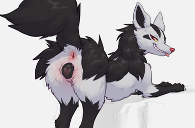 animal_genitalia animal_vulva anus black_body black_fur black_vulva butt canine_genitalia canine_vulva eyelashes female feral fluffy fluffy_tail fur genitals grey_body grey_fur grin looking_at_viewer looking_back looking_back_at_viewer pink_anus pink_tongue presenting presenting_anus presenting_hindquarters presenting_vulva raised_tail rear_view red_eyes red_nose sharp_teeth simple_background smile solo tail teeth tongue tongue_out vulva white_background yellow_sclera k0ira nintendo pokemon generation_3_pokemon mightyena pokemon_(species) hi_res