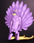 antennae_(anatomy) anthro beak biped black_background blue_eyes claws clothing erection feathers flaccid fur horn kneeling looking_at_viewer male markings navel nipples nude peacock_feather penis penis_base pose purple_body purple_feathers purple_fur purple_nipples purple_penis simple_background solo speedo swimwear undressing white_markings yellow_claws yellow_horn niccals pitre avian bird galliform hybrid peafowl phasianid quail pinup