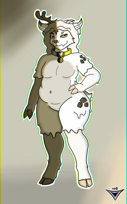 anthro bell bell_collar brown_body candy chocolate collar dessert duality food heart_nose heart_symbol hooves horn ice_cream male melting_ice_cream slightly_chubby solo white_body white_chocolate limperl deer mammal hi_res