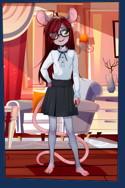 4_toes 5_fingers adolescent adolescent_anthro ahoge anthro barefoot bent_arm biped black_bottomwear black_choker black_clothing black_eyewear black_glasses black_jewelry black_necklace black_skirt blouse blush border bottomwear brown_eyebrows brown_hair buckteeth chair choker claws clothed clothed_anthro clothed_female clothing countershade_face countershade_fur countershade_neck countershading exposure_variation eye_through_hair eyebrow_through_hair eyebrows eyewear feet female female_adolescent female_anthro finger_claws fingers floor front_view fully_clothed fully_clothed_anthro fully_clothed_female fur fur_tuft furniture glasses glistening glistening_eyes gloves_(marking) green_eyes green_pupils grey_body grey_claws grey_ears grey_fur grey_tuft hair hair_over_eye hairless_tail hand_on_hip hand_on_own_hip humanoid_hands inside iris jewelry leg_markings leg_tuft long_hair long_tail looking_aside looking_away markings monotone_blouse monotone_bottomwear monotone_clothing monotone_hair monotone_shirt monotone_skirt monotone_tail monotone_topwear multicolored_body multicolored_fur necklace open_mouth open_smile pink_blush pink_feet pink_hands pink_inner_ear pink_markings pink_nose pink_tail plantigrade pose pupils shirt skinny skinny_anthro skinny_female skirt slim slim_anthro slim_female smile socks_(marking) solo standing straight_arm straight_legs tail teeth toe_claws toes topwear translucent translucent_hair transparent_border tuft wearing_glasses white_blouse white_body white_clothing white_countershading white_fur white_sclera white_shirt white_topwear wood wood_floor young young_anthro young_female ai_assisted ai_generated_background sicmop mammal murid murine rat rodent 2:3 absurd_res alpha_channel digital_media_(artwork) english_description full-length_portrait hi_res portrait shaded