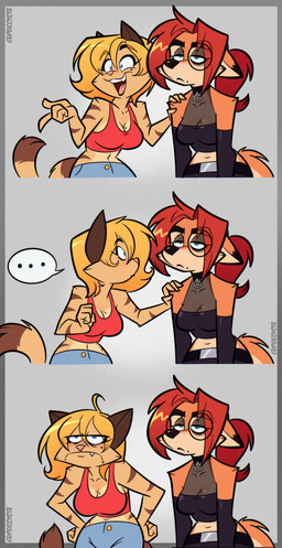 anthro arm_tuft belt blonde_hair blue_eyes breasts clothing collarbone crop_top dipstick_ears duo ear_markings ears_down ellipsis eyebrows eyelashes eyewear fangs female frown glasses green_eyes grey_background hair markings midriff mole_(marking) mole_on_breast mole_under_eye multicolored_ears navel one_fang open_mouth orange_body pivoted_ears ponytail red_hair round_glasses shirt shoulder_tuft simple_background stripes tail tan_body teeth topwear tuft psicoyote cassandra_(psicoyote) veronica_(psicoyote) canid canine domestic_cat felid feline felis fox mammal 2026 absurd_res comic hi_res
