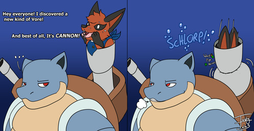 ambiguous_gender ambiguous_pred ambiguous_prey anthro anthro_pred black_body black_fur blue_background blue_body blue_kerchief blue_neckerchief breath brown_shell cannon cannon_vore dialogue duo ellipsis feral feral_prey fur gradient_background humor kerchief leg_markings looking_back markings neckerchief neckwear open_mouth pawpads pink_pawpads ranged_weapon red_body red_eyes red_fur shell simple_background smile socks_(marking) sound_effects talking_feral tan_body teeth text unusual_vore vore weapon wordplay tastytales nintendo pokemon z_(tastytales) blastoise generation_1_pokemon generation_8_pokemon nickit pokemon_(species) english_text hi_res signature male_(lore)