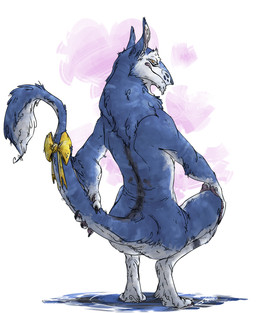accessory ambiguous_gender anthro barefoot biped blue_body blue_fur bow_(feature) bow_accessory bow_ribbon bow_tie claws crouching feet fur furgonomics hand_on_leg holding_tail looking_at_viewer looking_back nude raised_tail rear_view ribbons solo tail tail_accessory tail_bow tail_ribbon tail_tuft tuft white_body white_fur yellow_eyes meldritchhorror sergal