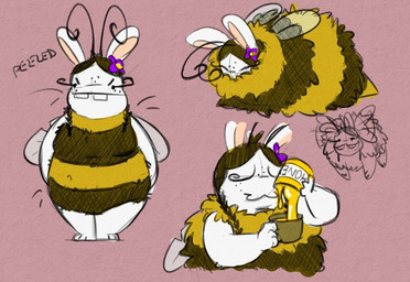 3_fingers 3_toes accessory antennae_(anatomy) anthro arms_bent black_antennae black_body black_fur braided_pigtails breasts buckteeth closed_smile container cup dot_eyes eyelashes eyes_closed feet female female_anthro fingers flower flower_in_hair flying food freckled_face freckles fur furrowed_eyebrows hair hair_accessory holding_container holding_cup holding_jar holding_mug holding_object honey_(food) honey_jar insect_wings long_ears long_eyelashes long_hair looking_at_viewer lying midair motion_lines mouth_closed mug multicolored_body multicolored_fur noseless notched_wings nude_anthro nude_male on_front pink_background pink_body pink_fur pink_wings plant purple_flower simple_background simple_eyes sleeping smile solo standing stinger tan_inner_ear teeth text toes unimpressed white_body white_fur white_wings wings yellow_body yellow_fur randomrabbidramblings mario_bros mario_plus_rabbids_sparks_of_hope nintendo raving_rabbids rayman_(series) ubisoft bea_(mario_plus_rabbids) arthropod bee bee-rabbid hybrid hymenopteran insect lagomorph mammal rabbid 2026 crossover digital_drawing_(artwork) digital_media_(artwork) english_text flat_colors