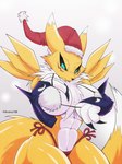 anthro big_breasts bikini black_sclera breasts christmas_clothing christmas_headwear clothed clothing female fur hat headgear headwear holidays santa_hat simple_background solo swimwear two-piece_swimsuit white_background white_body white_fur yellow_body arskie198 bandai_namco christmas digimon canid canine digimon_(species) mammal renamon absurd_res hi_res