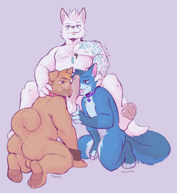 4_fingers 4_toes anthro armwear balls black_nose blue_body blue_eyes blue_fur blush bodily_fluids brown_body brown_fur butt claws clothing collaborative collaborative_fellatio collaborative_oral collaborative_sex collar cum cum_on_face cum_on_fur cum_on_ground cum_on_penis cum_on_tongue curled_tail erection eyebrows eyelashes feet fellatio fingers fur fur_markings genital_fluids genitals group hair hand_on_balls hand_on_head hand_on_penis humanoid_genitalia humanoid_penis inner_ear_fluff jewelry male male/male markings masturbation multicolored_body nails necklace nipples nude open_mouth oral paws penile penile_masturbation penis raised_leg sex simple_background smile spread_legs spreading tail text toes tongue tongue_out tuft two_tone_body white_body white_fur tohfu azureblues jack_wyatt tohfu_(tohfu) canid canine canis domestic_cat domestic_dog felid feline felis mammal 2020 digital_drawing_(artwork) digital_media_(artwork) hi_res