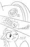 2017 applejack_(mlp) black_and_white comic dialogue duo earth_pony english_text equid equine extreme_size_difference female feral friendship_is_magic hair hasbro hi_res horse line_art mammal micro monochrome my_little_pony nasal_penetration nasal_vore one_eye_closed pony ponythroat rainbow_dash_(mlp) size_difference text unusual_penetration unusual_vore vore