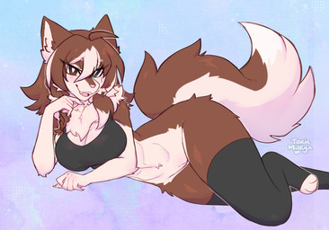 abs anthro blush breasts chest_tuft cleavage clothed clothing female fluffy fluffy_tail fur heterochromia legwear lying multicolored_body multicolored_fur on_side shirt solo tail tank_top thigh_highs topwear tuft toxicmilkyx svetlana_(betina-anjing) canid canine canis domestic_dog husky mammal nordic_sled_dog siberian_husky spitz absurd_res hi_res