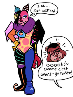 anthro bodypaint clothing cosplay costume dialogue face_paint fangs female simple_background solo_focus speech_bubble teeth text thick_thighs white_background wide_hips wings blarf022 glitch_productions the_amazing_digital_circus sherry_bear_(blarf022) vranda_von_bat_(blarf022) zooble_(tadc) bat honduran_white_bat leaf-nosed_bat mammal microbat yangochiropteran 2024 absurd_res digital_media_(artwork) english_text french_text hi_res