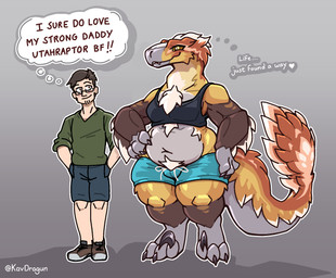 anthro brown_body brown_feathers chest_tuft claws clothed clothing crop_top duo eyewear feathers glasses grey_background grey_body grey_scales male male/male midriff orange_body orange_feathers pube_peek pubes scales sharp_teeth shirt sickle_claw simple_background size_difference slightly_chubby tail tail_feathers teeth text thought_bubble toe_claws topwear tuft white_body white_feathers kavdragun dinosaur dromaeosaurid feathered_dinosaur feathered_scalie human mammal prehistoric_species reptile saurischian scalie theropod utahraptor english_text hi_res