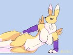 3_fingers anthro biped breasts butt butt_grab female fingers hand_on_butt lying on_side pubes simple_background solo yellow_body raskalaskal bandai_namco digimon canid digimon_(species) mammal renamon absurd_res hi_res