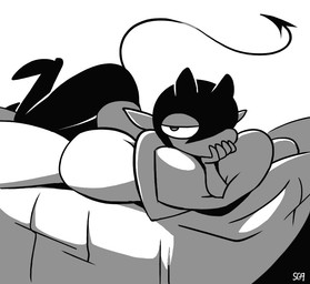 anthro bed bottomwear clothed clothing furniture hair half-closed_eyes horn hug hugging_object hugging_pillow looking_at_viewer lying lying_on_bed male mouthless narrowed_eyes not_furry on_bed on_front pants pillow raised_tail solo spade_tail tail topless topless_anthro topless_male shyguy9 pith demon imp monochrome signature