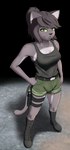 anthro bottomwear breasts butt butt_grab clothed clothing female fully_clothed fur glock_17 green_eyes hair hand_on_butt hotpants looking_at_viewer ponytail shirt shorts solo spread_legs spreading tank_top thigh_holster topwear androidz domestic_cat felid feline felis mammal absurd_res alpha_channel hi_res