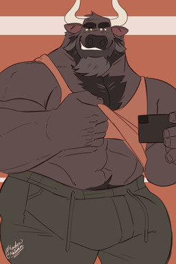 abs anthro athletic_wear barazoku beard biceps big_bulge big_muscles big_pecs black_beard black_body black_chest_hair black_eyebrows black_facial_hair black_fur black_nose black_pubes body_hair bottomwear brown_body brown_fur bulge chest_hair clothed clothing clothing_lift detailed_bulge drawstring drawstring_bottomwear drawstring_pants erection erection_under_bottomwear erection_under_clothing erection_under_pants exercise_clothing exposed_chest eyebrows facial_hair flirting flirting_look flirting_with_viewer fur genital_outline green_bottomwear green_clothing green_eyes green_pants grin grinning_at_viewer gym_bottomwear happy happy_trail horn looking_at_viewer male manly mature_anthro mature_male muscular muscular_anthro muscular_male orange_clothing orange_shirt orange_tank_top orange_topwear pants pecs penis_outline presenting presenting_bulge presenting_pecs pubes salt_and_pepper seducing_viewer seductive shirt shirt_lift showing_off_muscles smile smiling_at_viewer solo tank_top thick_arms thick_eyebrows thick_thighs topwear workout_clothing shadowmatamori angus_(adios) bovid bovine cattle mammal 2:3 hi_res