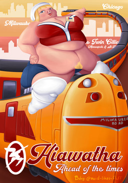 anthro bangs beanie belly big_belly big_breasts blonde_hair blue_eyes body_hair boots bottomwear breasts clothing female footwear hair happy_trail hat headgear headwear legwear locomotive obese obese_female overweight overweight_female parody passenger_train poster railcar riding shoes shorts sitting smile smiling_at_viewer solo thigh_highs topwear train tube_top uniform vehicle manaria_opossum amtrak domestic_pig mammal suid suine sus_(pig) absurd_res hi_res