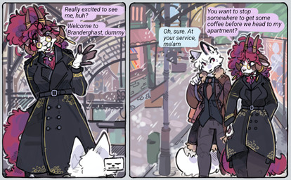 anthro breasts clothed clothing coat dialogue duo eyewear female fur glasses gold_(metal) gold_jewelry hair hand_holding horn jewelry male male/female open_mouth red_hair speech_bubble street tail tattoo text topwear white_body white_fur wool_(fur) snowfoxy66 snow_(snowfoxy66) valleria_(vellbell) arctic_fox bovid canid canine caprine domestic_sheep fox jacob_sheep mammal sheep true_fox comic digital_media_(artwork) english_text