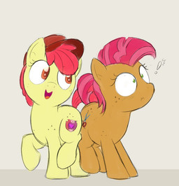 butt_bump clothing cutie_mark duo exclamation_point female feral freckles hair hat hat_only headgear headgear_only headwear headwear_only hooves looking_back mostly_nude open_mouth open_smile quadruped red_hair smile standing surprise surprised_expression young young_female young_feral dtcx97 friendship_is_magic hasbro my_little_pony apple_bloom_(mlp) babs_seed_(mlp) earth_pony equid equine horse mammal pony 2022 cousins_(lore)