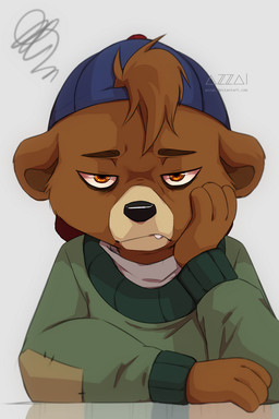 anthro arm_support black_nose blue_cap brown_body brown_eyebrows brown_eyes brown_fur brown_hair clothing cute_fangs eye_bags eyebrows fangs front_view fur green_clothing green_sweater green_topwear hair hat head_on_hand headgear headwear leaning_on_elbow looking_at_viewer male short_hair simple_background solo sweater tan_snout teeth tired_eyes tired_of_this_shit topwear azzai disney talespin kit_cloudkicker bear mammal 2019 cel_shading colored colored_sketch digital_drawing_(artwork) digital_media_(artwork) shaded sketch