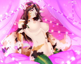 anthro bare_chest big_breasts breasts clothing curtains exposed_breasts exposure_variation female fur genitals hair legwear lights looking_at_viewer nipples nude pillow smile solo stockings vulva leonifa felid feline mammal 2019 digital_media_(artwork)