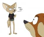 anthro barefoot bottomwear clothed clothing dialogue duo ears_back feet fur inner_ear_fluff long_legs male open_mouth orange_body orange_fur pivoted_ears shirt shorts simple_background tan_body tan_fur teeth text topwear tuft white_background anothercolouranon disney zootopia finnick_(zootopia) nick_wilde canid canine fennec_fox fox mammal red_fox true_fox english_text