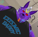 anthro big_nipples big_pecs clothing cosmic_fur ear_piercing fur hair looking_at_viewer looking_down low-angle_view male muscular muscular_male nipples pecs pecs_focus piercing purple_body purple_fur red_eyes shirt solo topwear worm's-eye_view mike_dramon_(artist) pec_pov_meme antares_nashira canid canine canis mammal wolf 2024 absurd_res hi_res meme